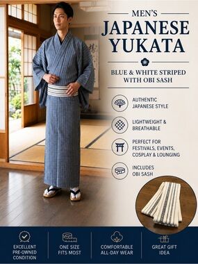 Japanese Men’s Yukata Kimono Blue White Stripe w/ Obi Cotton
